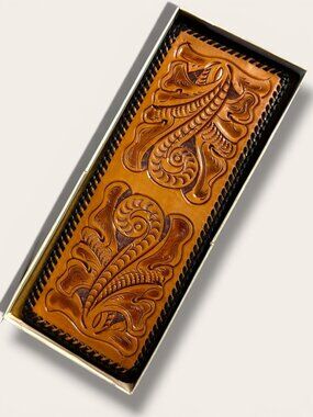 Vintage Hand-Tooled Leather BiFold Wallet With Floral & Scroll Design In NOS Ori
